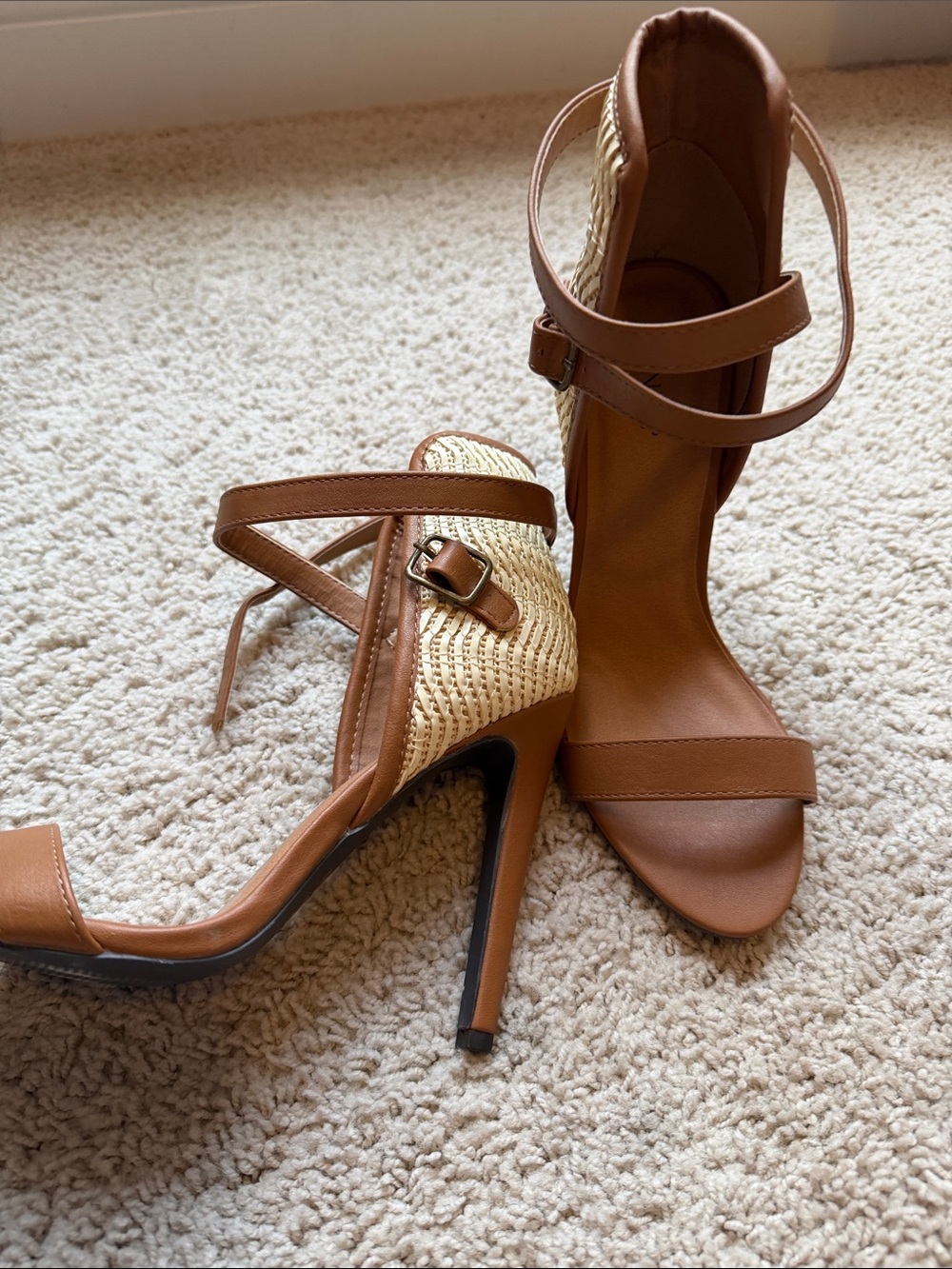 VENUS Tan Woven Ankle-Strap High Heel Sandals